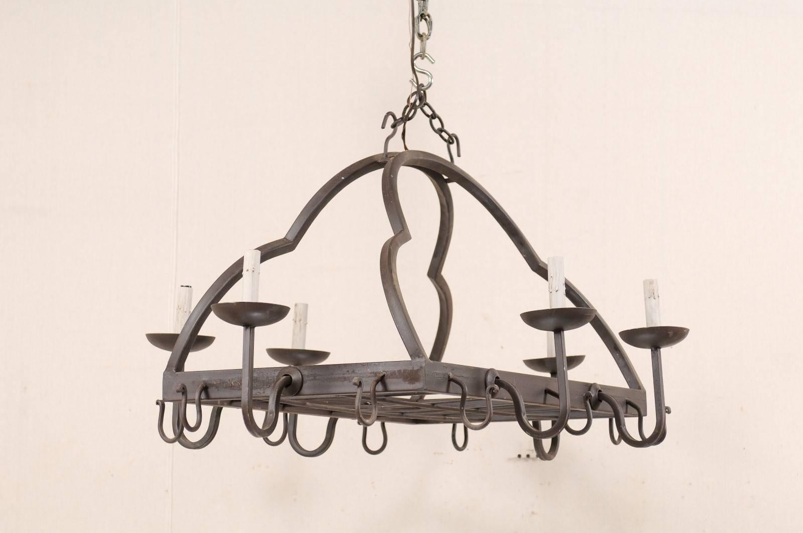 French Mid-20th Century Forged Iron Chandelier with Nicely Flowing Arch Design In Good Condition In Atlanta, GA