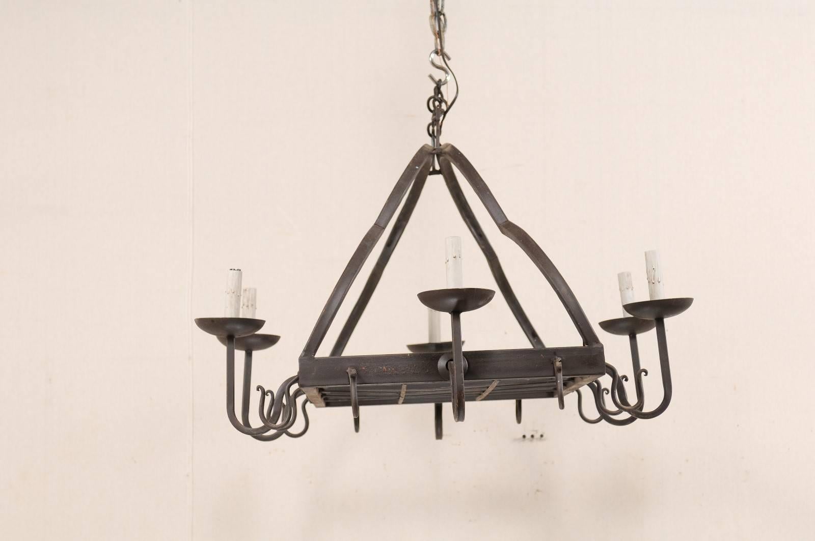 French Mid-20th Century Forged Iron Chandelier with Nicely Flowing Arch Design 1