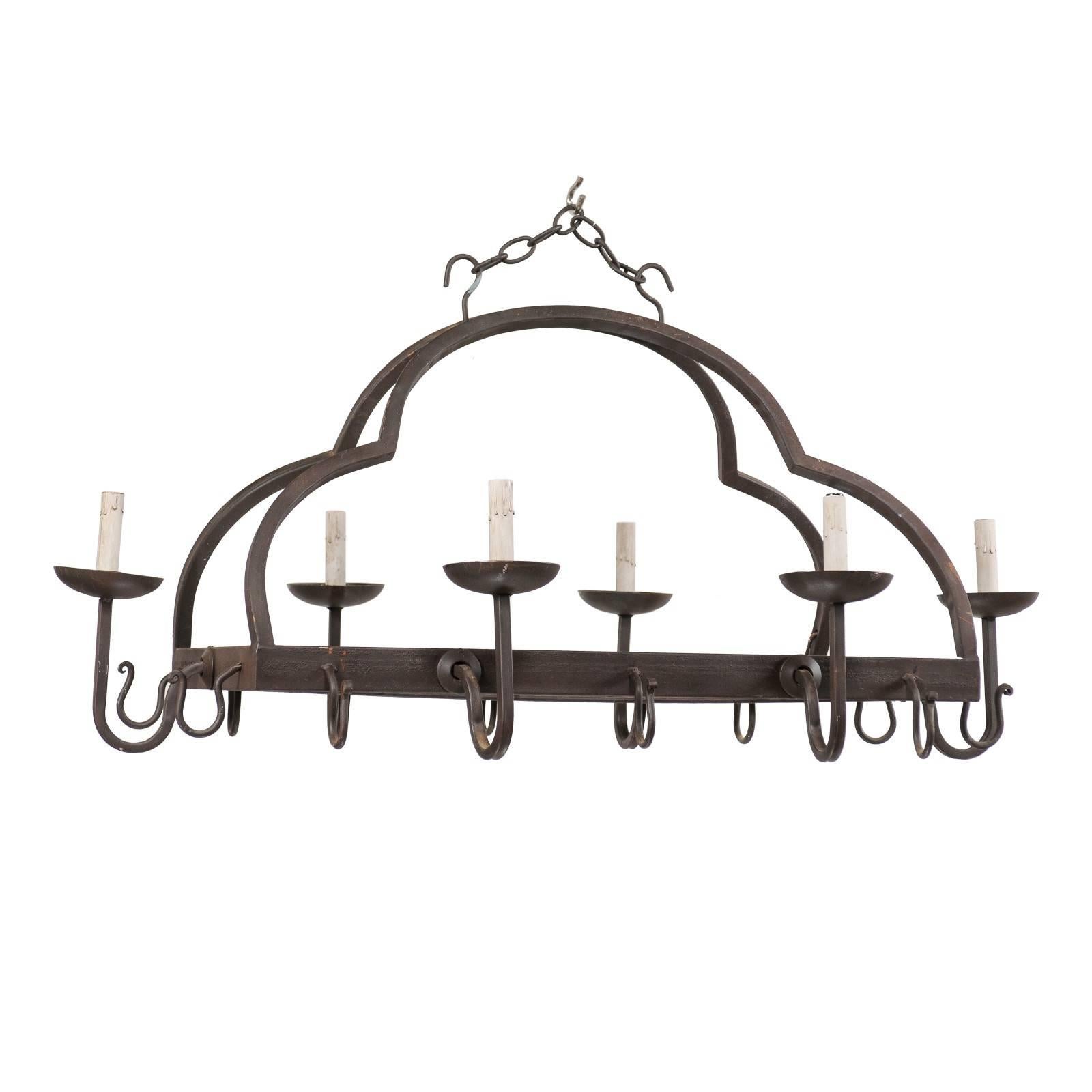 French Mid-20th Century Forged Iron Chandelier with Nicely Flowing Arch Design
