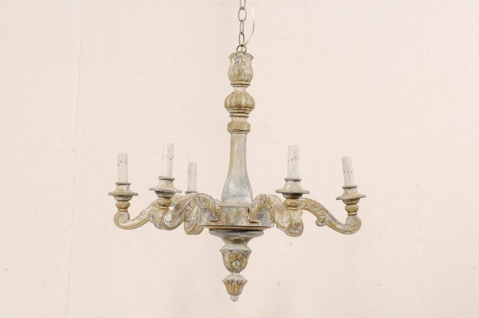 French Vintage Painted and Carved Wood Six-Light Chandelier with Scrolled Arms In Good Condition In Atlanta, GA