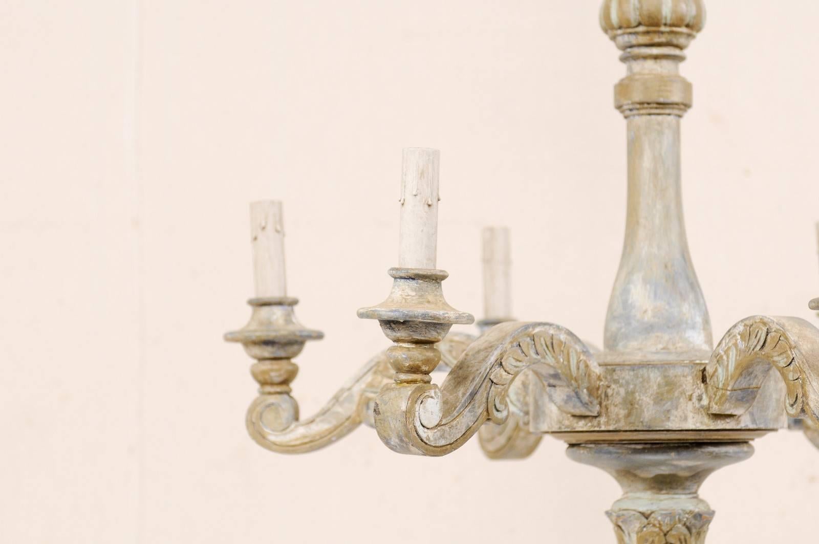 20th Century French Vintage Painted and Carved Wood Six-Light Chandelier with Scrolled Arms