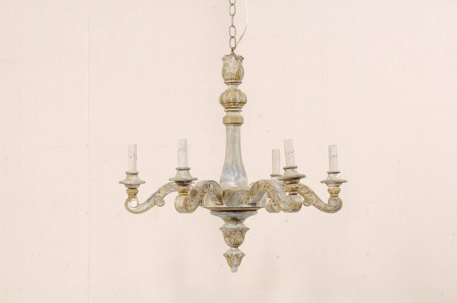 French Vintage Painted and Carved Wood Six-Light Chandelier with Scrolled Arms 5