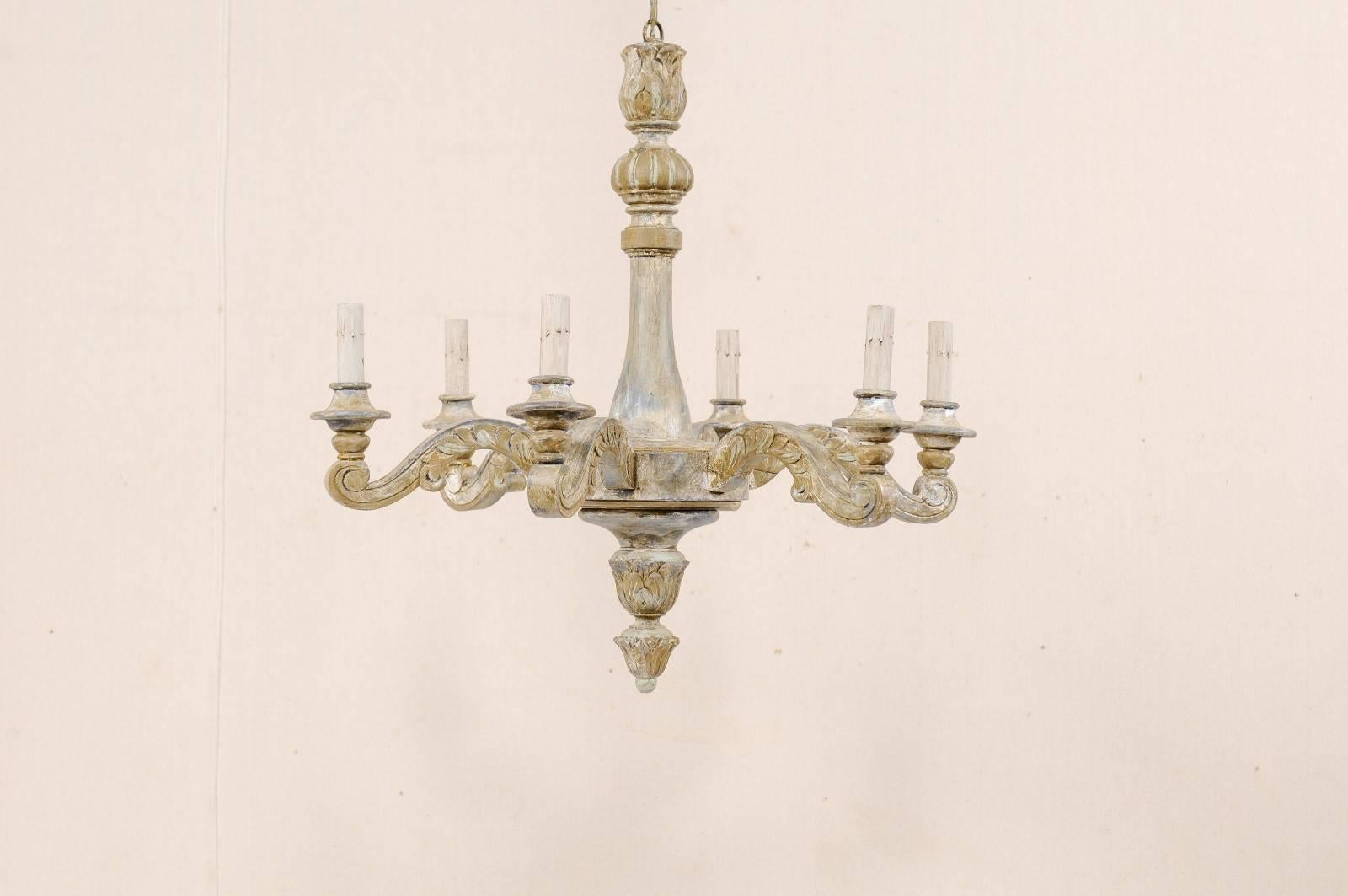 French Vintage Painted and Carved Wood Six-Light Chandelier with Scrolled Arms 4