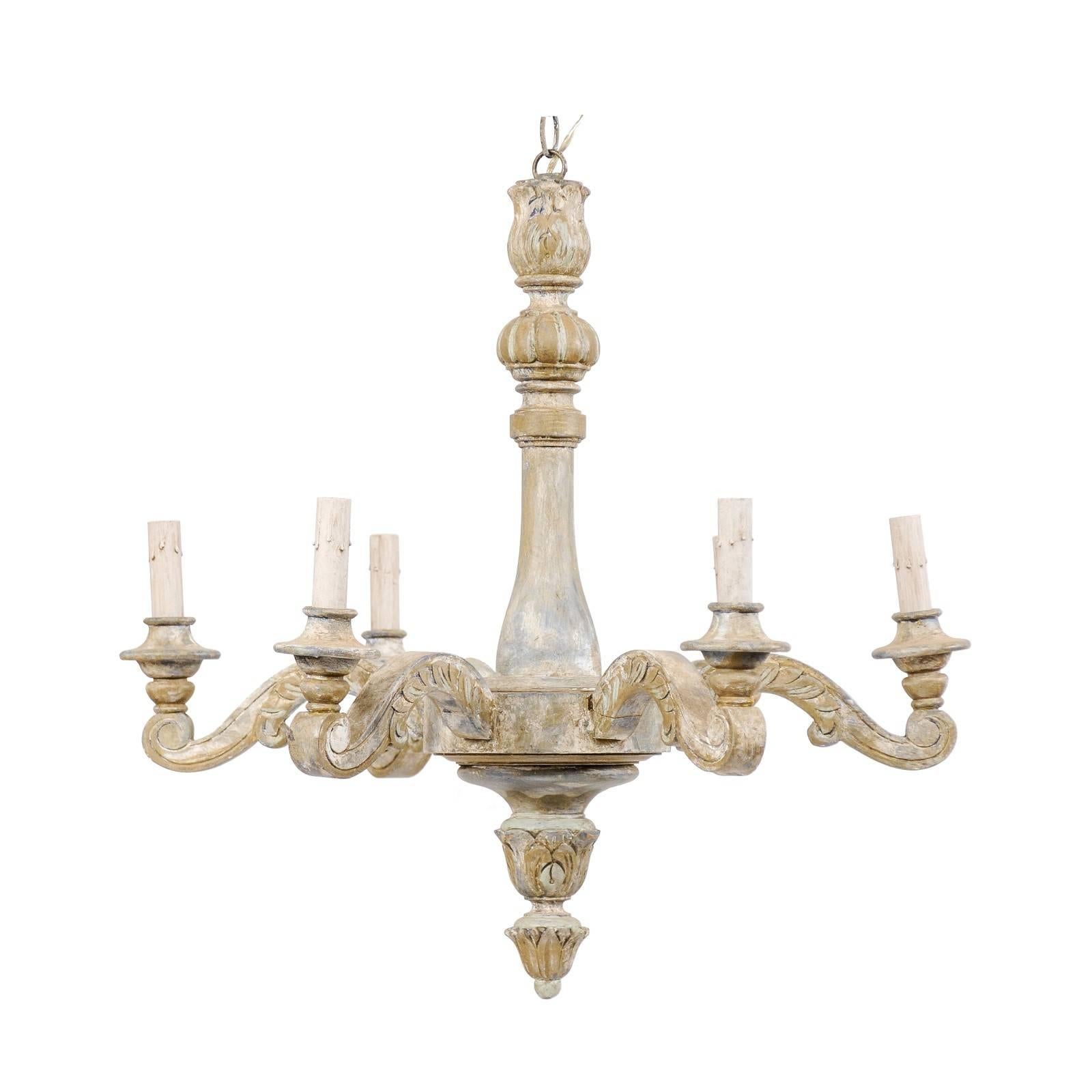 French Vintage Painted and Carved Wood Six-Light Chandelier with Scrolled Arms