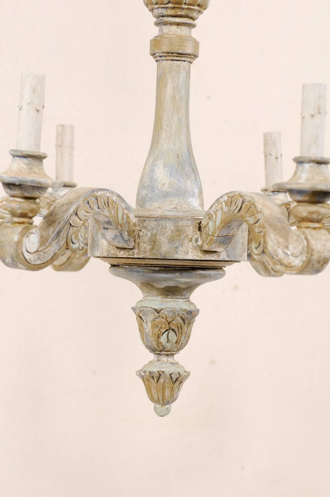 French Vintage Painted and Carved Wood Six-Light Chandelier with Scrolled Arms 1