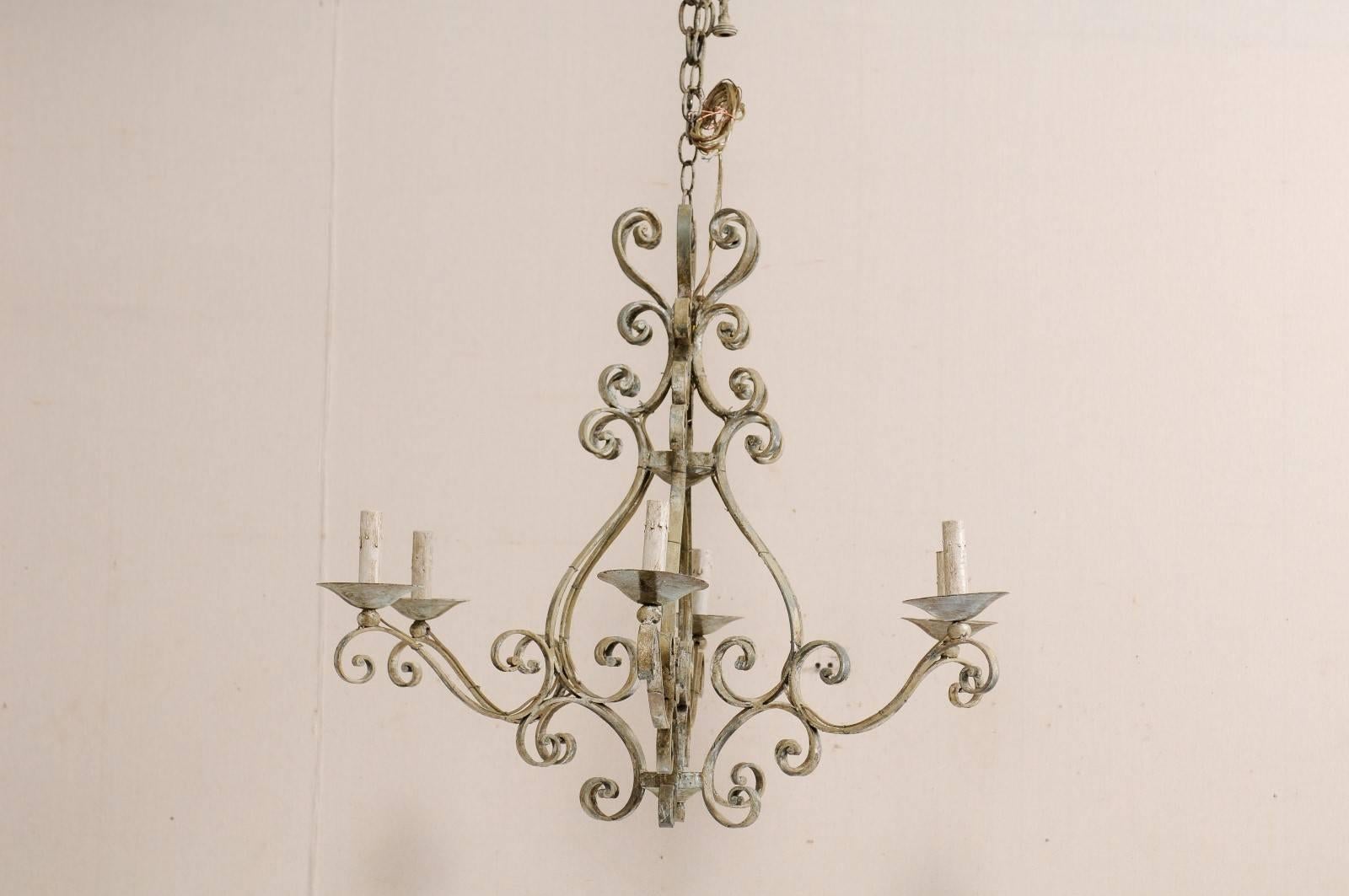 Patinated French Mid-20th Century Iron Chandelier Painted with Neutral Beige & Tan Colors