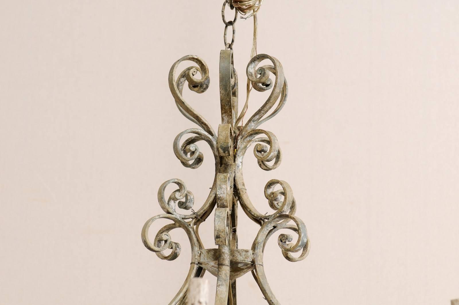 French Mid-20th Century Iron Chandelier Painted with Neutral Beige & Tan Colors In Good Condition In Atlanta, GA