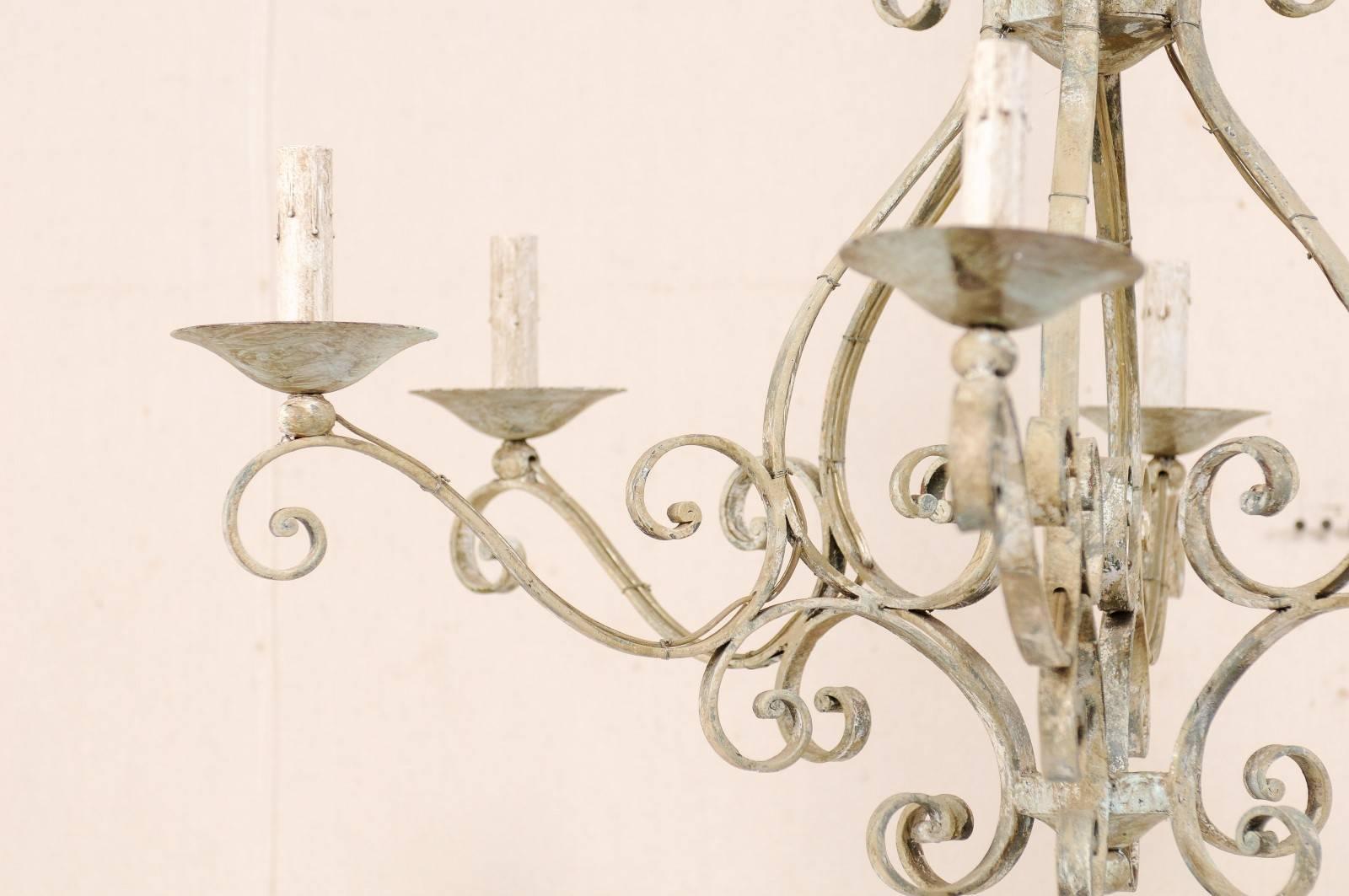 French Mid-20th Century Iron Chandelier Painted with Neutral Beige & Tan Colors 1