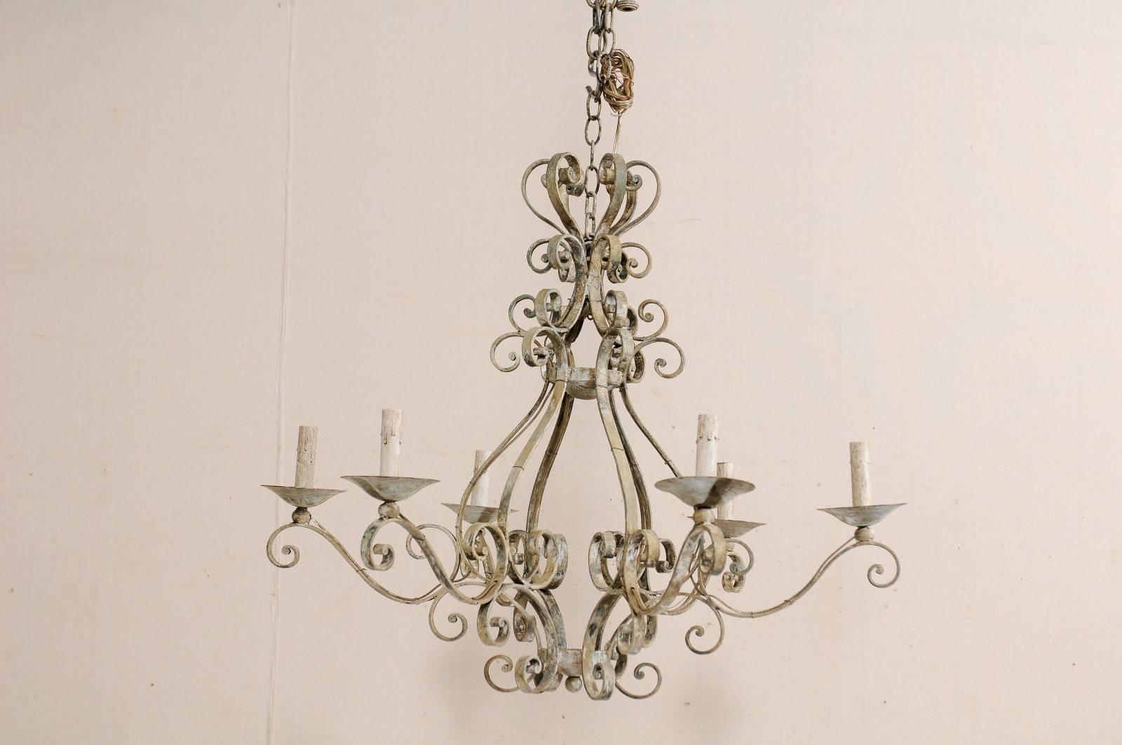 French Mid-20th Century Iron Chandelier Painted with Neutral Beige & Tan Colors 2