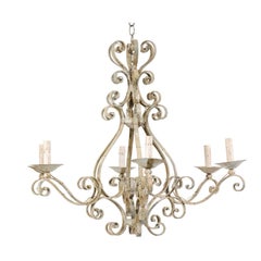 French Mid-20th Century Iron Chandelier Painted with Neutral Beige & Tan Colors