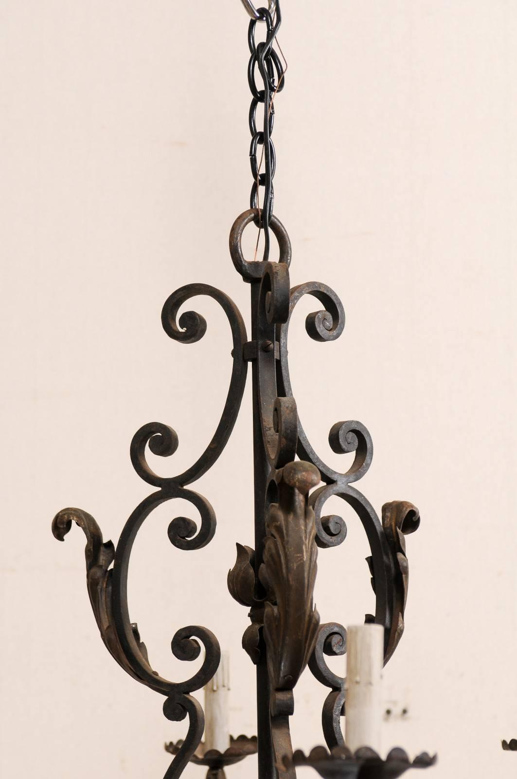 Metal French Mid-20th Century Scrolled Iron Chandelier with Six Lights