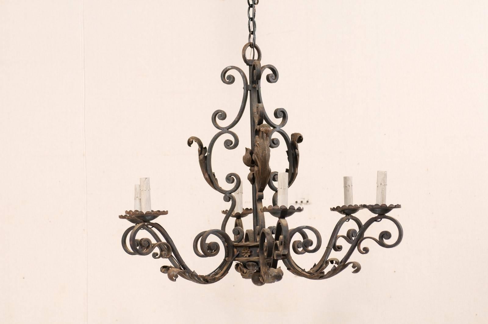 French Mid-20th Century Scrolled Iron Chandelier with Six Lights In Good Condition In Atlanta, GA