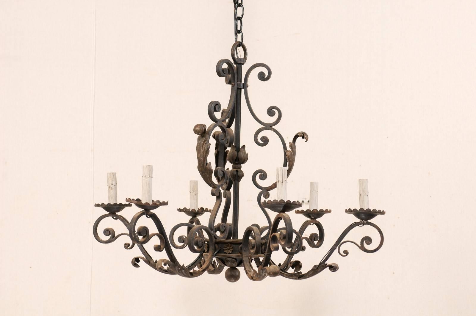 Forged French Mid-20th Century Scrolled Iron Chandelier with Six Lights