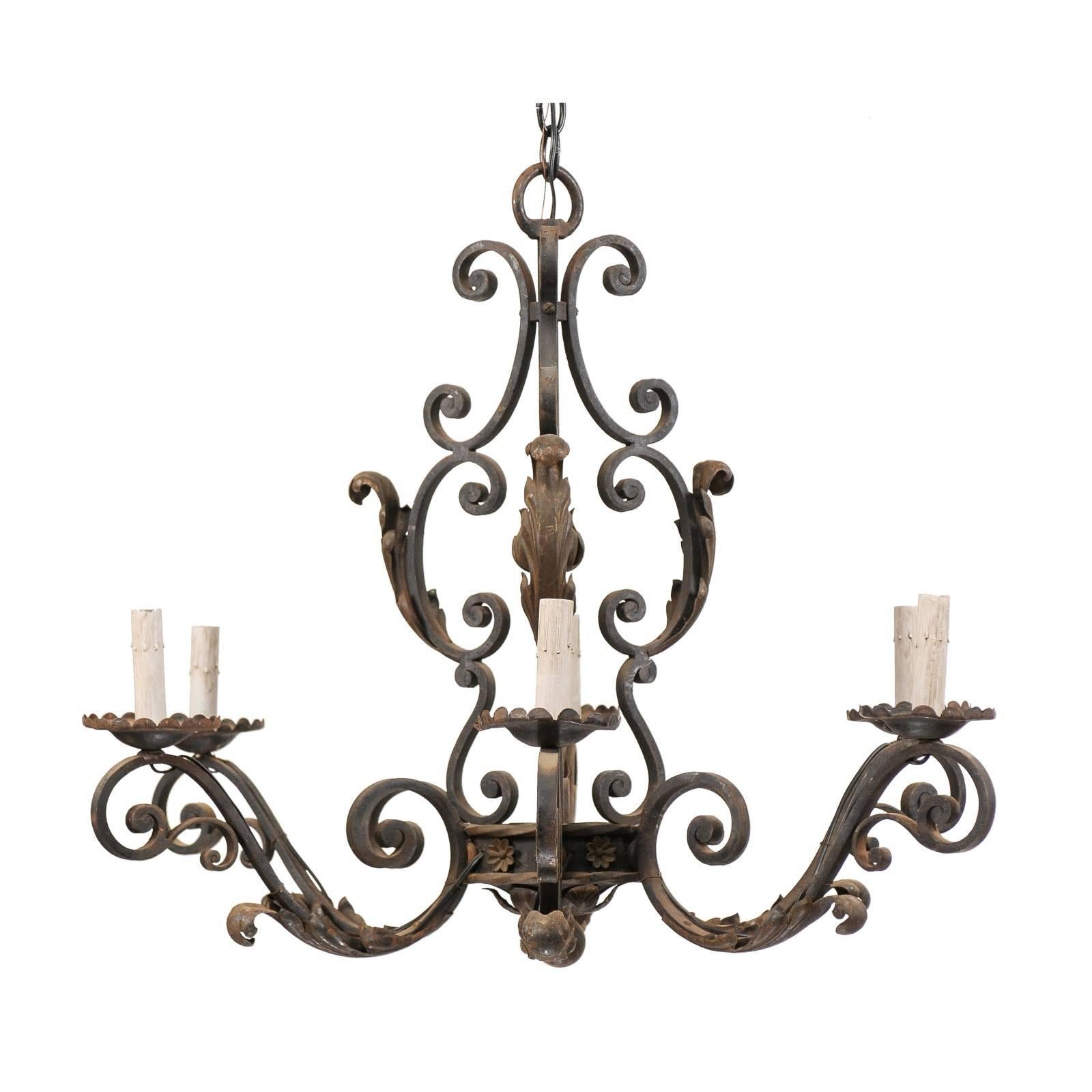 French Mid-20th Century Scrolled Iron Chandelier with Six Lights