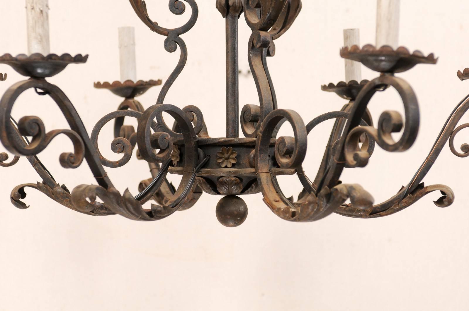 French Mid-20th Century Scrolled Iron Chandelier with Six Lights 2