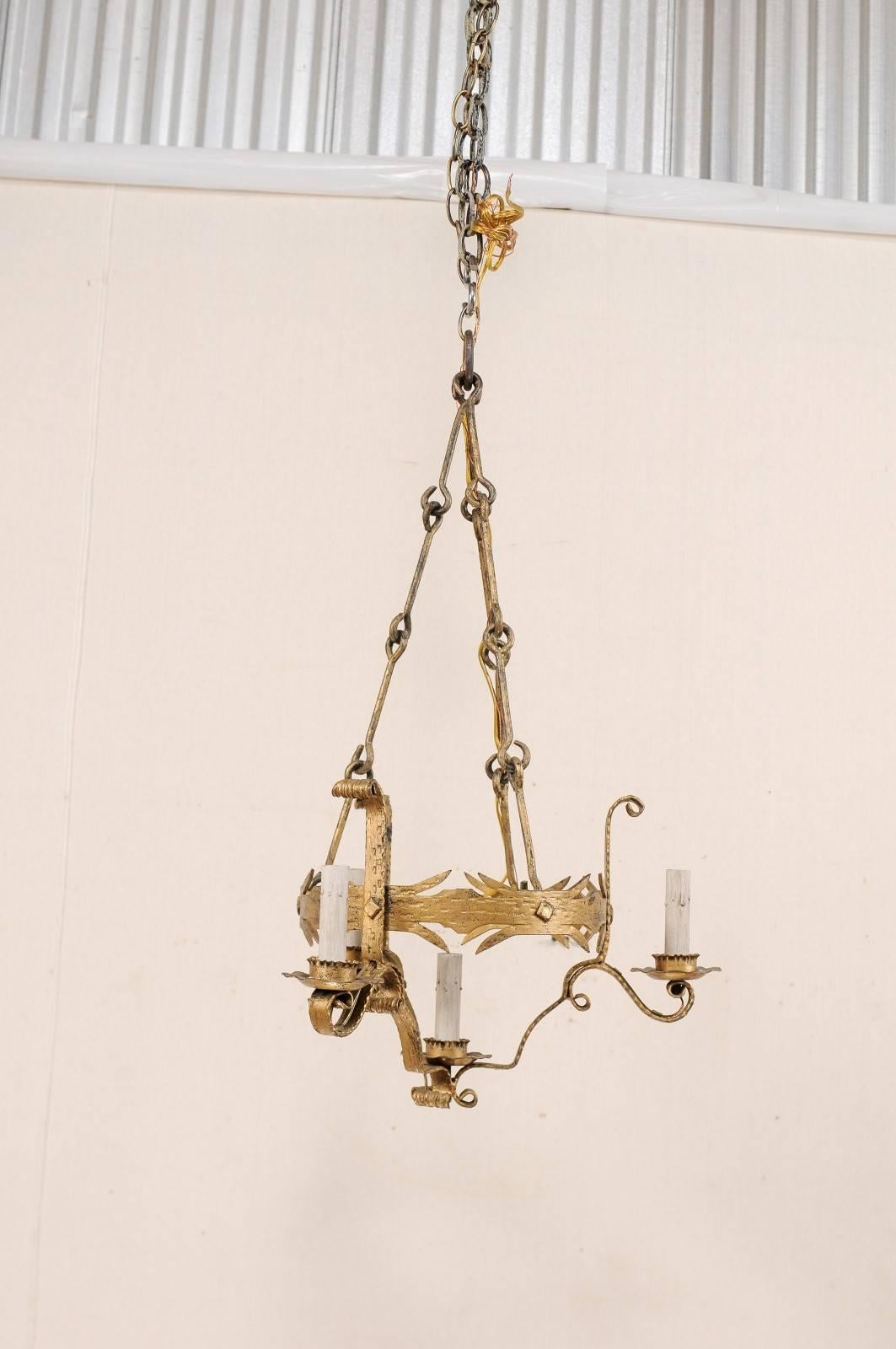 French Mid-20th Century Painted Iron Four-Light Tall Chandelier in Gold (Gemalt)