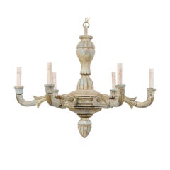 French Six-Light Carved and Painted Wood Chandelier of Beige and Soft Blue