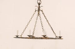 French Vintage Rectangular Six-Light Iron Chandelier Brushed in Gold Color