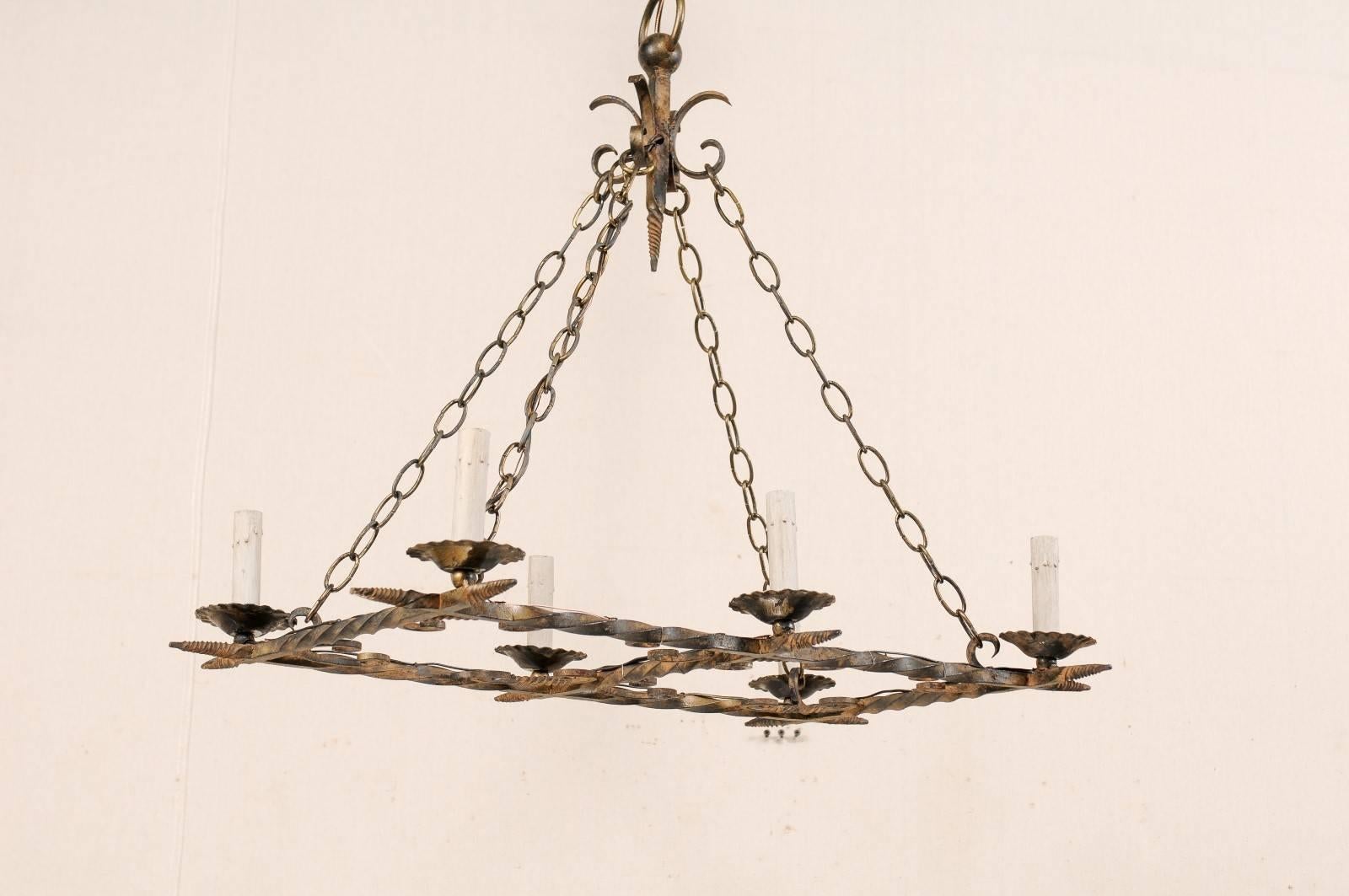 French Vintage Rectangular Six-Light Iron Chandelier Brushed in Gold Color In Good Condition For Sale In Atlanta, GA