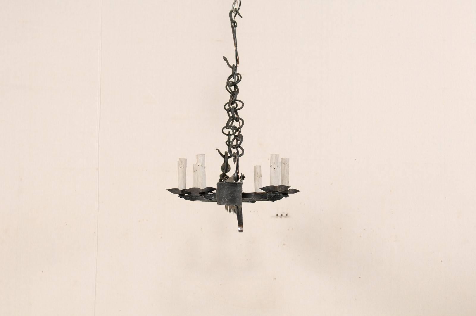 20th Century French Eight-Light Forged Iron Chandelier Made from a 19th Century Spit-Jack For Sale