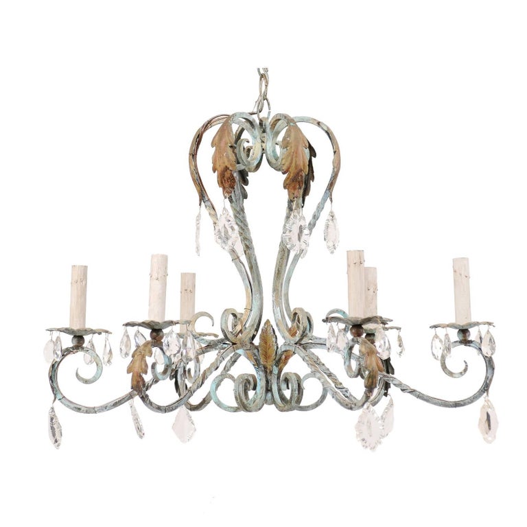 French Vintage Six Light Iron Chandelier In Soft Sea Foam Green French Vintage Six Light Iron Chandelier In Soft Sea Foam Green Warm Accents For