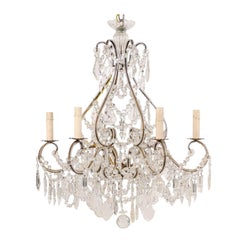 Italian Midcentury Crystal and Gilded Iron Six-Light Chandelier