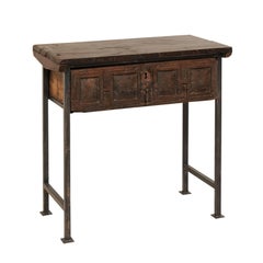 18th Century Spanish Single Drawer Chest of Rustic Carved Walnut Wood and Iron