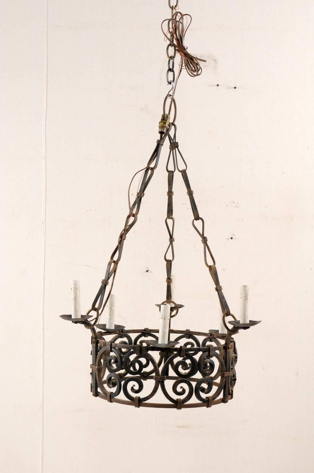 Forged French 6-Light Ornate Iron Ring Chandelier in C-Scroll Motif & Bow Linked Chains For Sale