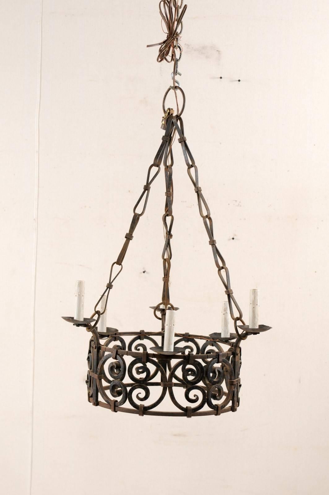 French 6-Light Ornate Iron Ring Chandelier in C-Scroll Motif & Bow Linked Chains In Good Condition For Sale In Atlanta, GA