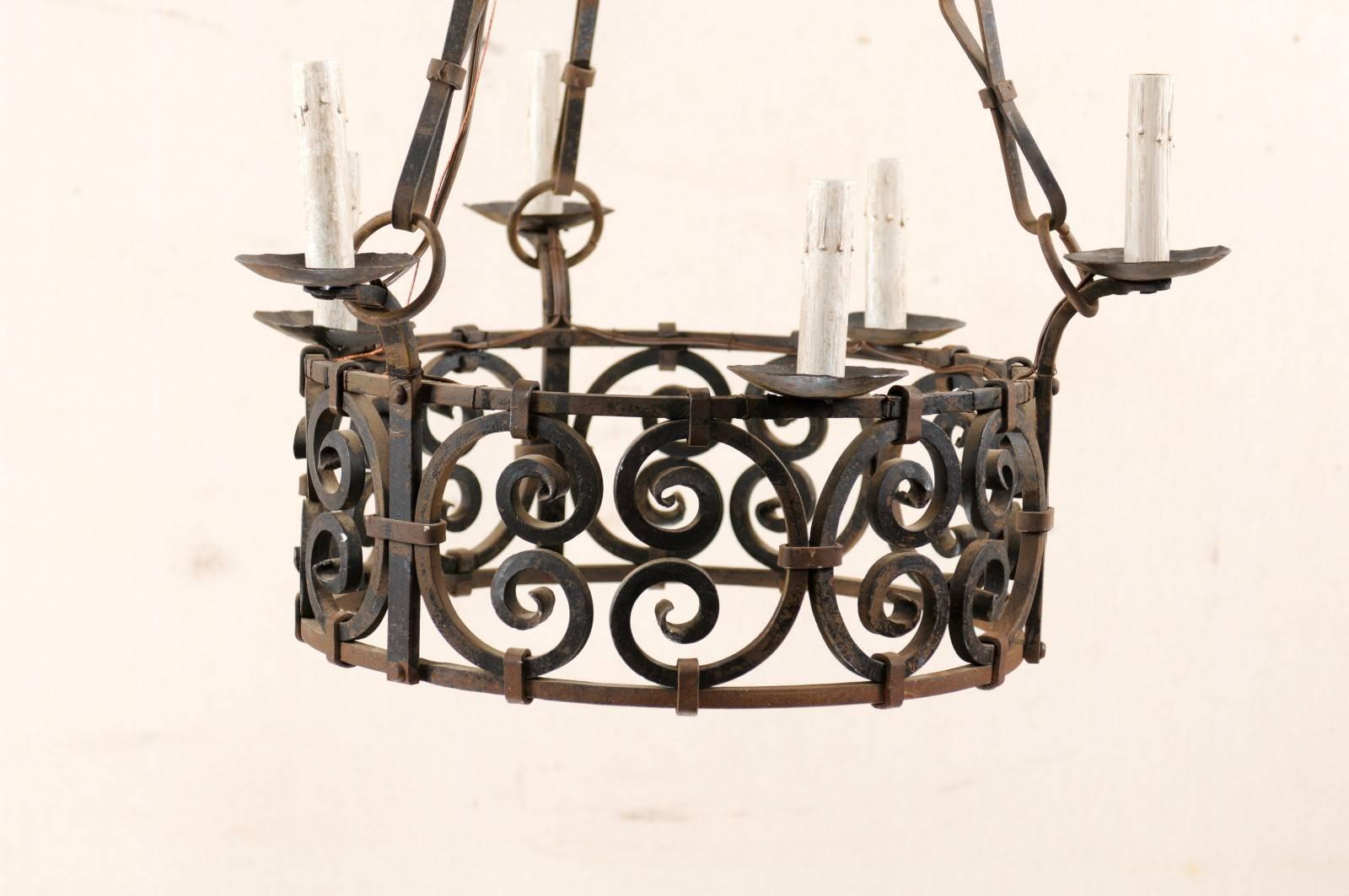 Metal French 6-Light Ornate Iron Ring Chandelier in C-Scroll Motif & Bow Linked Chains For Sale