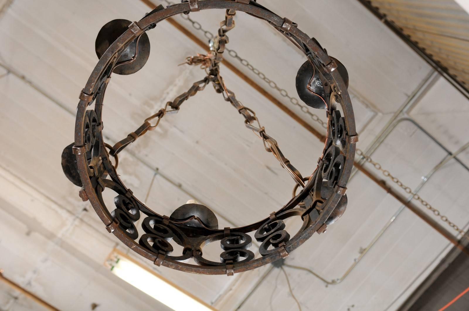 French 6-Light Ornate Iron Ring Chandelier in C-Scroll Motif & Bow Linked Chains For Sale 2