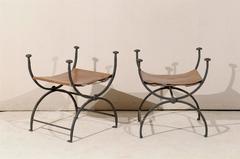 A Pair of Italian Savonarola Stools with Iron Frame and Brown Leather