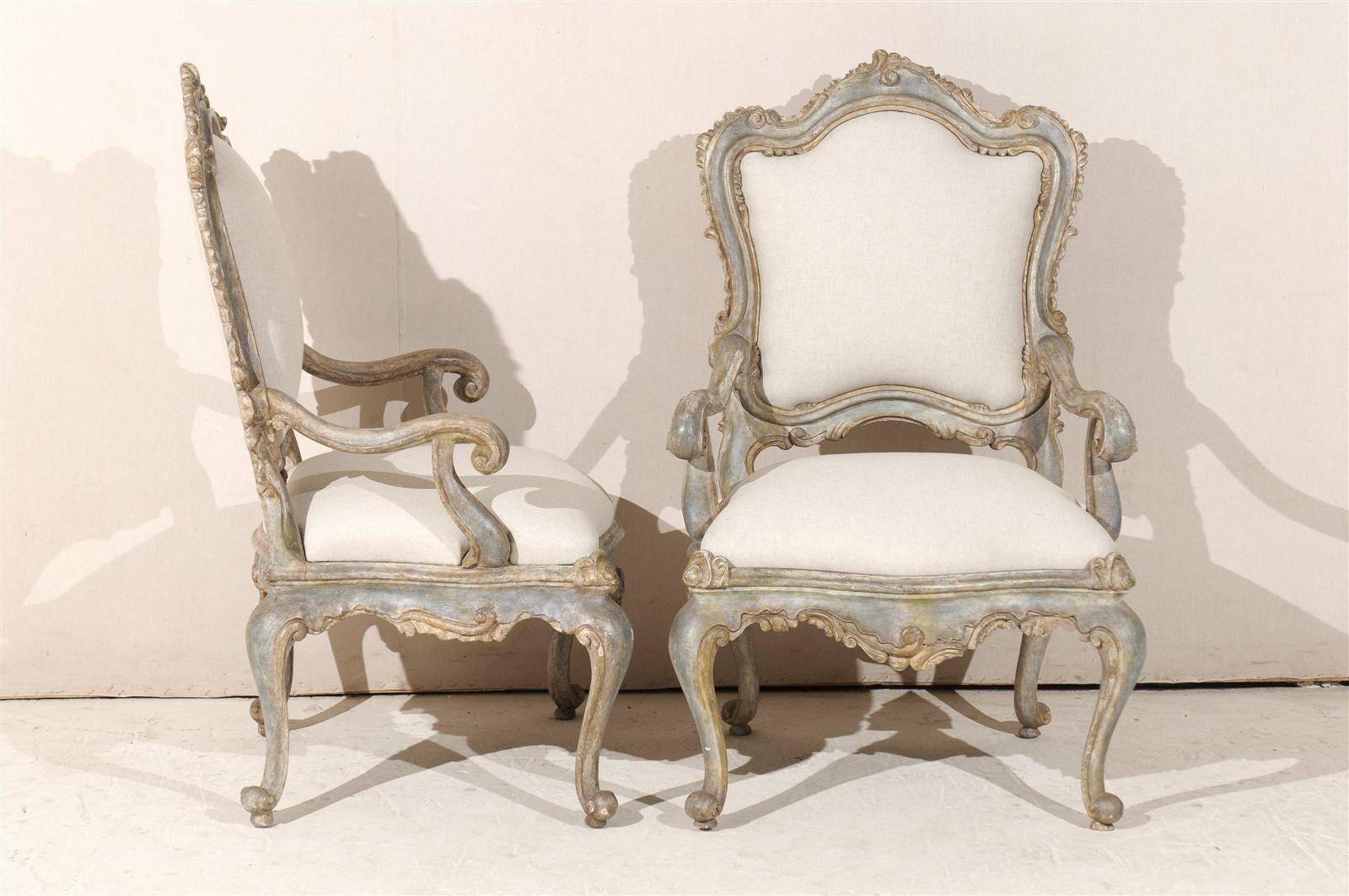 Wood Pair of Italian Venetian Style Painted Richly Carved Armchairs For Sale