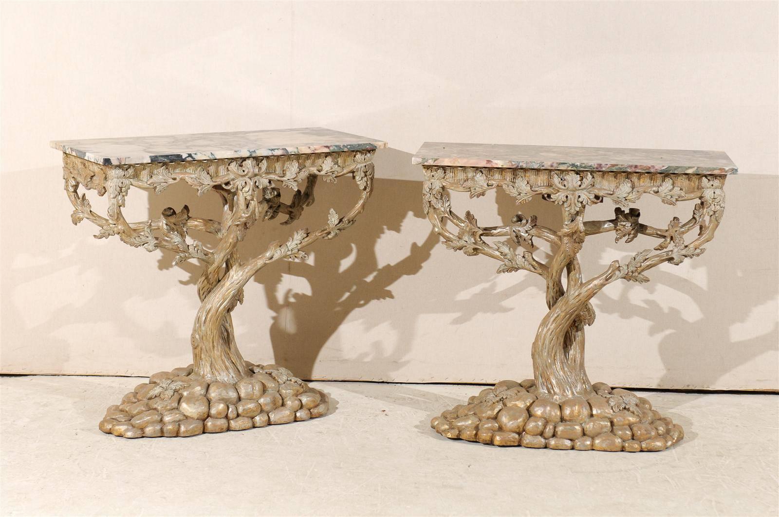 A pair of exquisite vintage silver and gold painted and delicately designed tree-shaped base console table with marble top, 20th century.