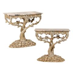 Pair of Vintage Silver and Gold Painted Tree Shaped Console Tables