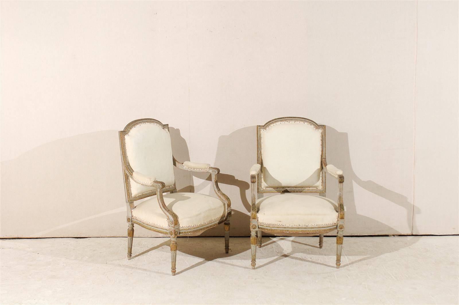 Carved Pair of 19th Century French Louis XVI Style Fauteuils or Armchairs