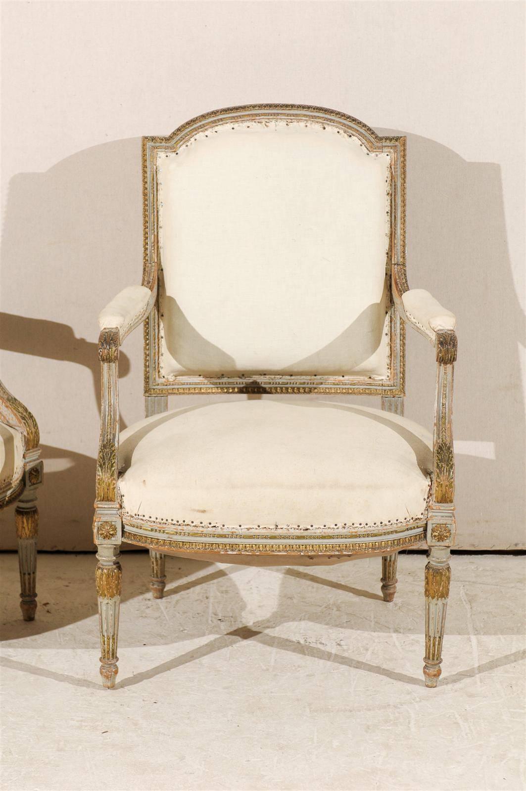 Wood Pair of 19th Century French Louis XVI Style Fauteuils or Armchairs