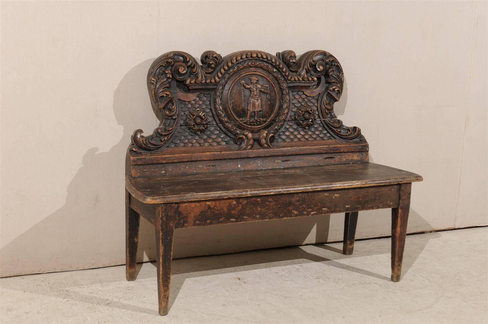 18th Century and Earlier An Italian 18th Century Richly-Carved Wood Bench with Ornate Backrest  