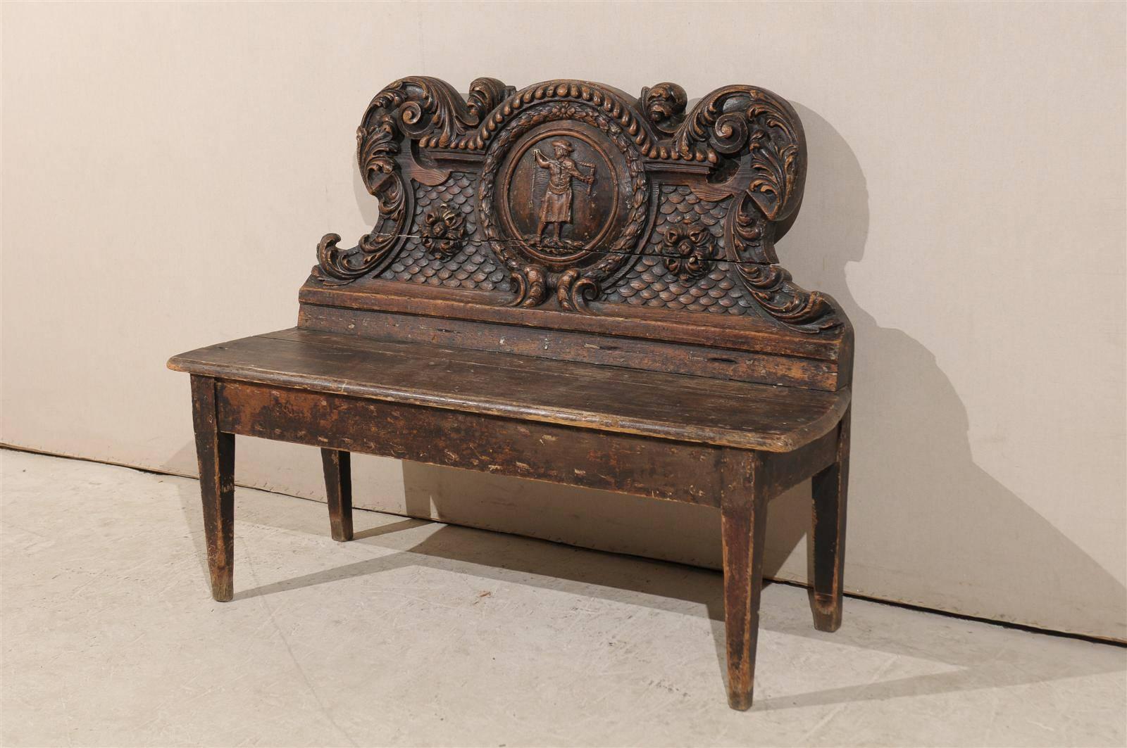 An Italian 18th Century Richly-Carved Wood Bench with Ornate Backrest   1