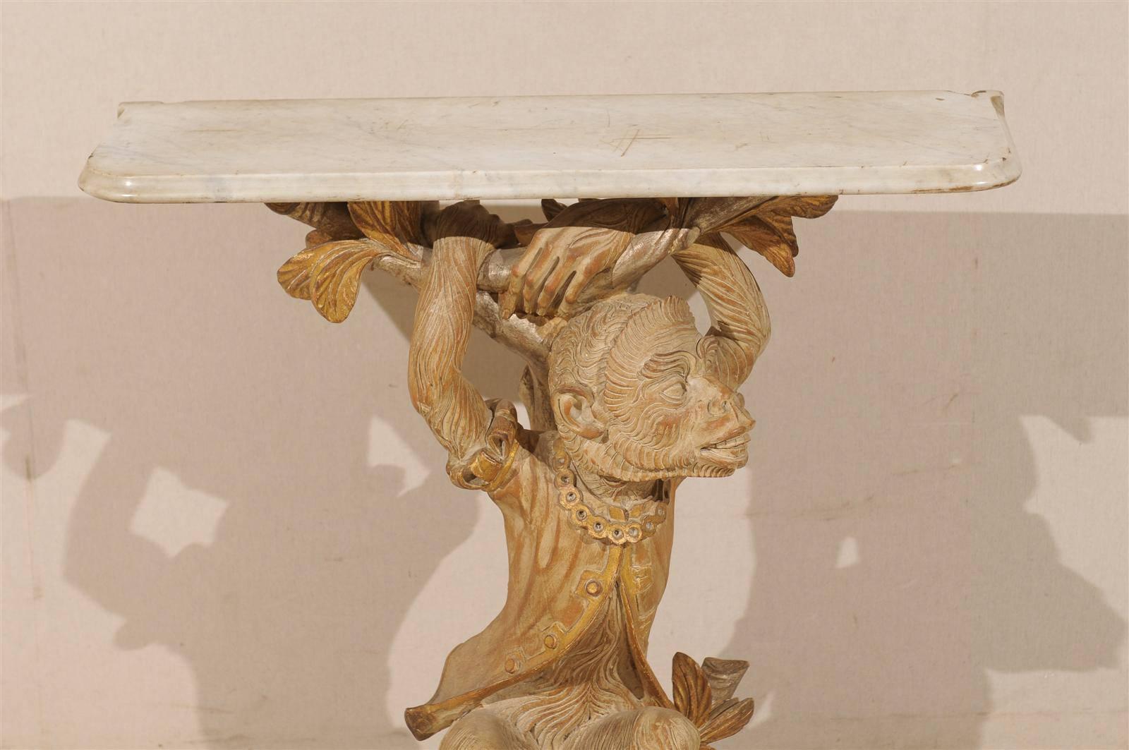Marble Italian Console Table with Carved Wood Dressed Monkey Base