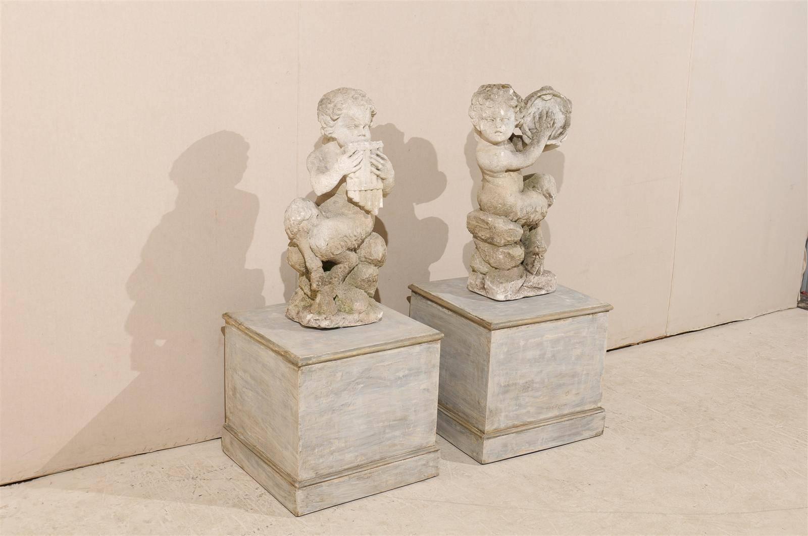 Limestone Pair of Italian Early 20th C. Carved Panisci Figures on Custom Wooden Bases For Sale