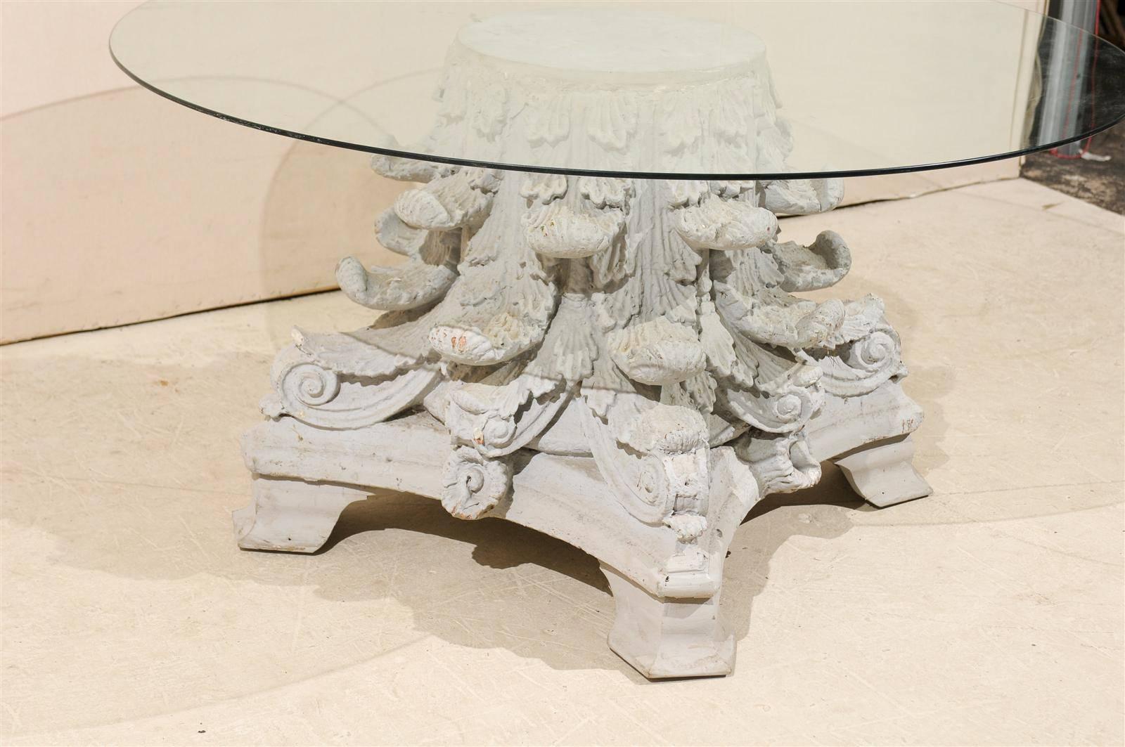 20th Century American Corinthian Capital Base Round Glass Top Table