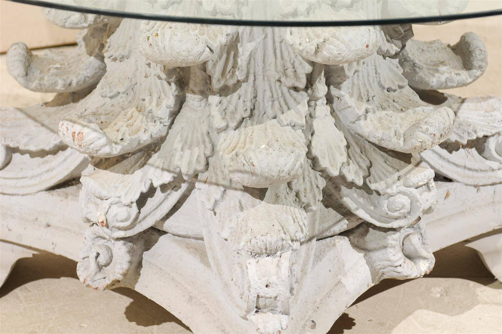 Concrete American Corinthian Capital Base Round Glass Top Table