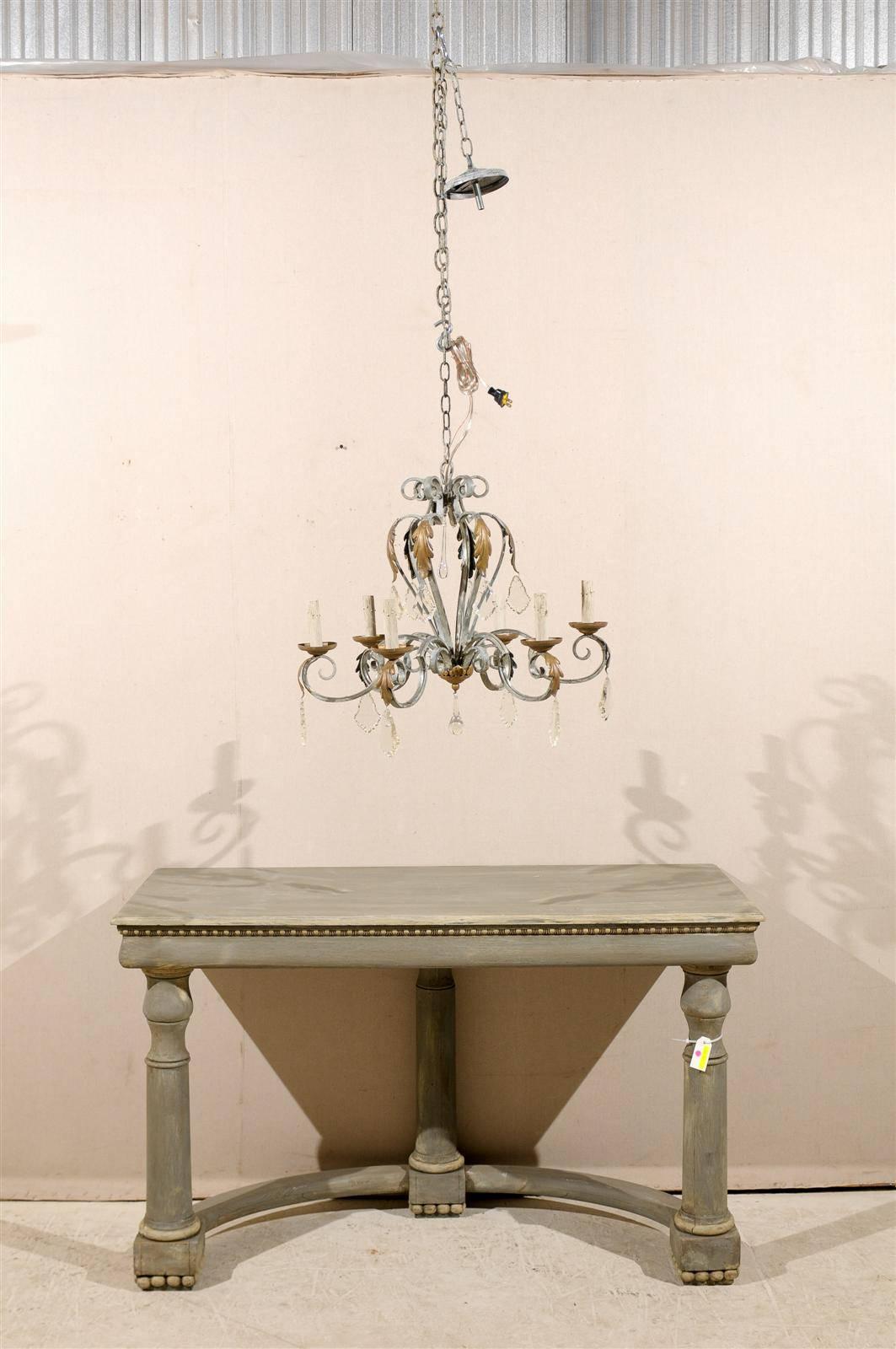 Vintage French Six-Light Painted Iron and Crystal Chandelier In Good Condition In Atlanta, GA