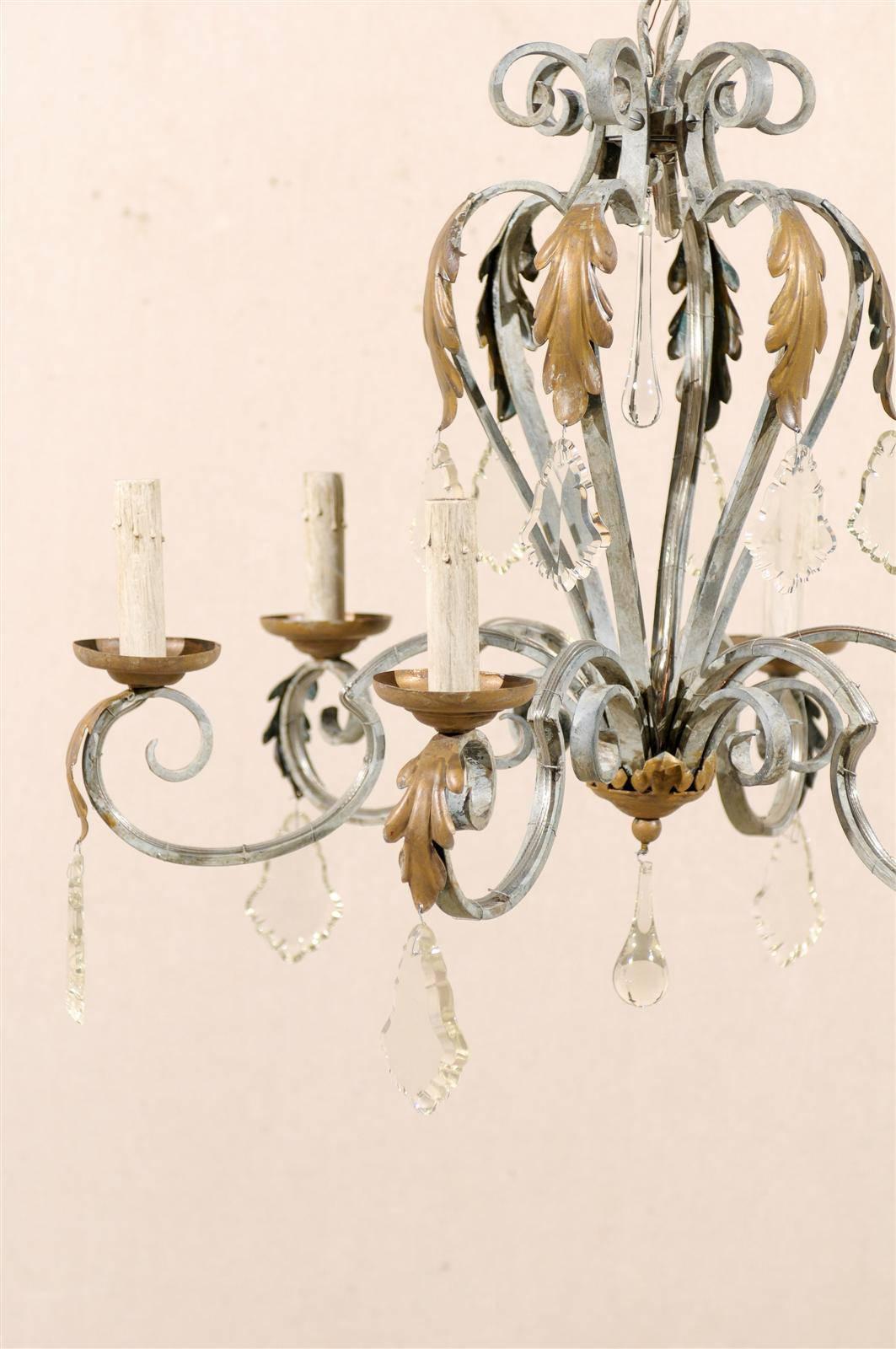 20th Century Vintage French Six-Light Painted Iron and Crystal Chandelier