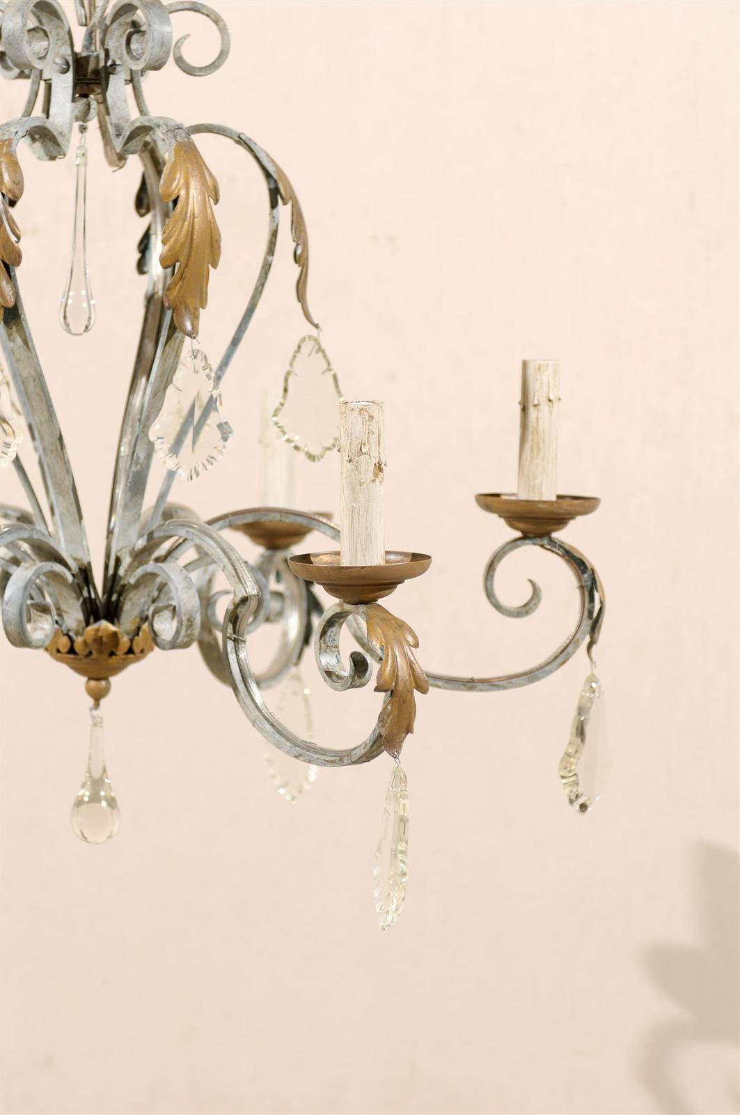Vintage French Six-Light Painted Iron and Crystal Chandelier 1