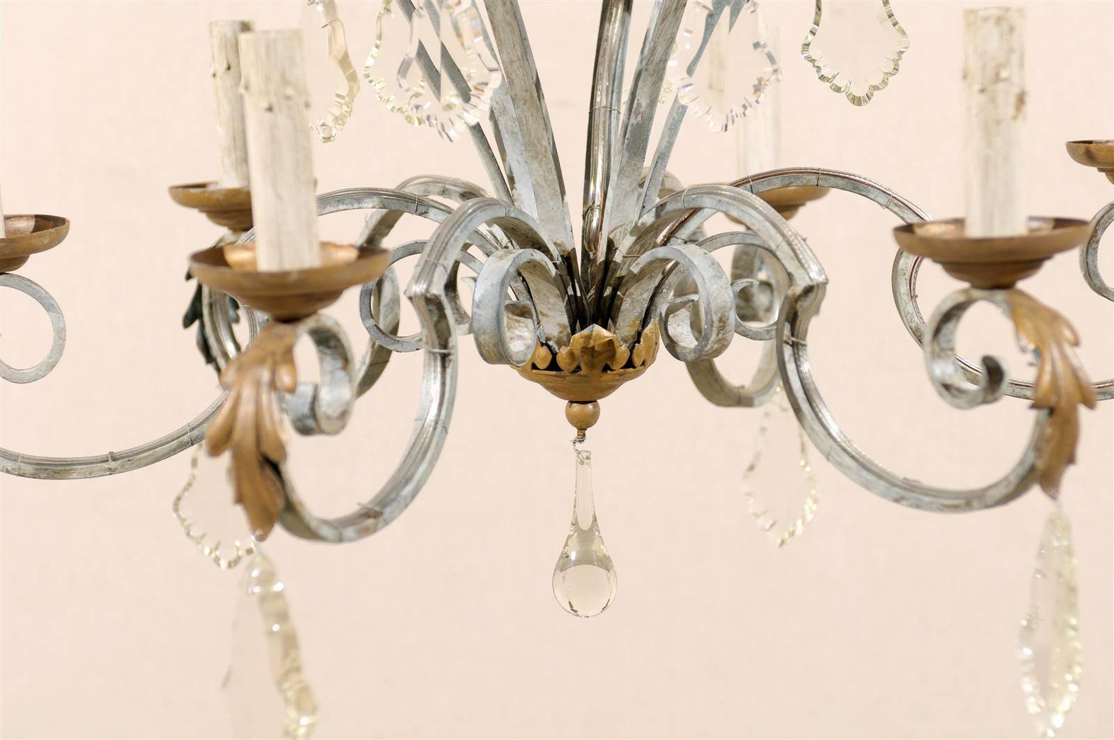 Vintage French Six-Light Painted Iron and Crystal Chandelier 3