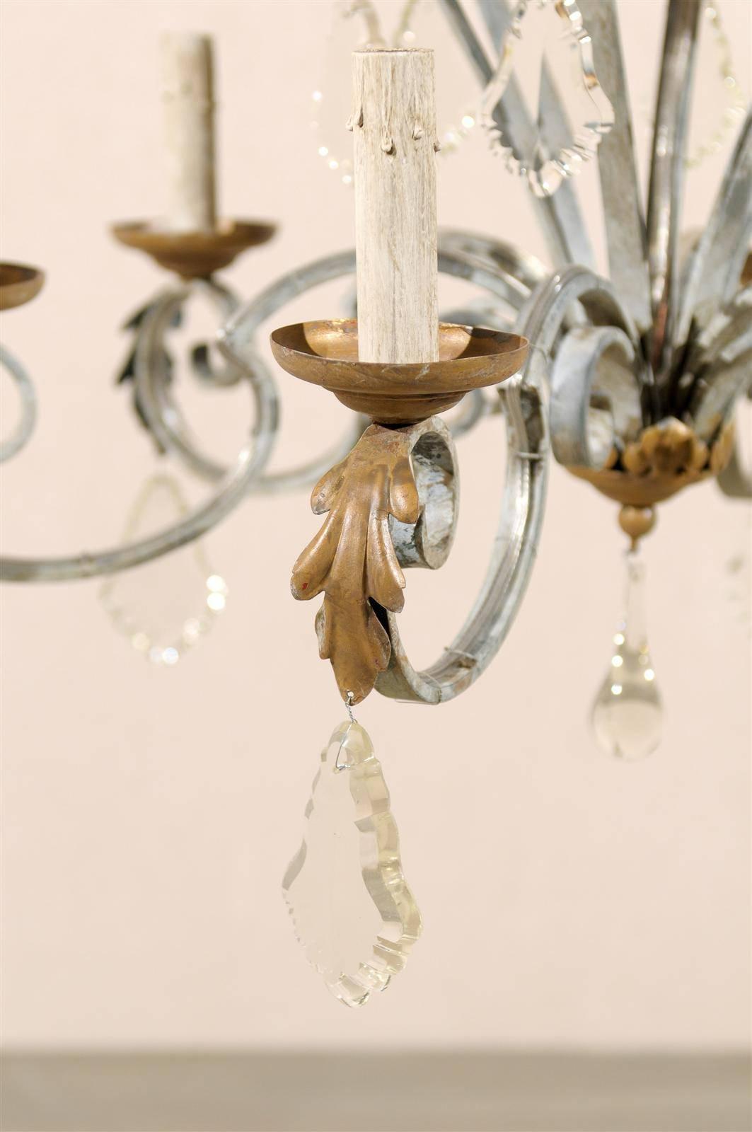Vintage French Six-Light Painted Iron and Crystal Chandelier 4