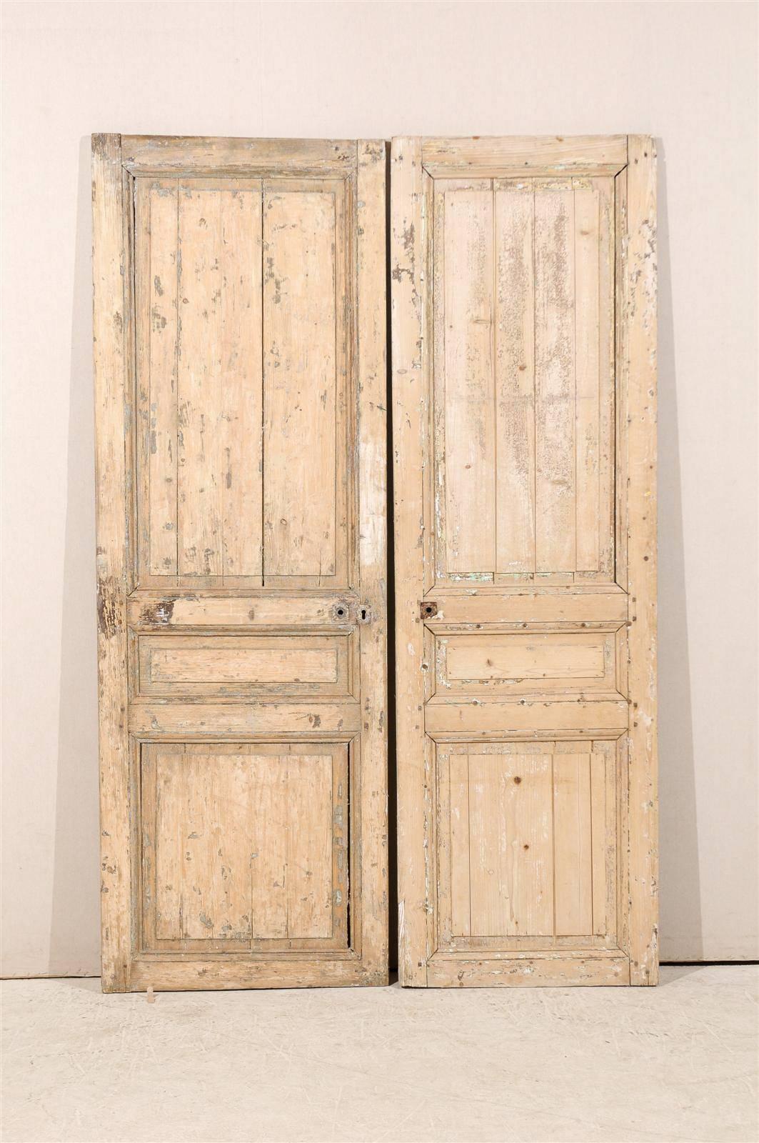 A pair of 19th century French dry scraped wooden doors with simply carved central panel.