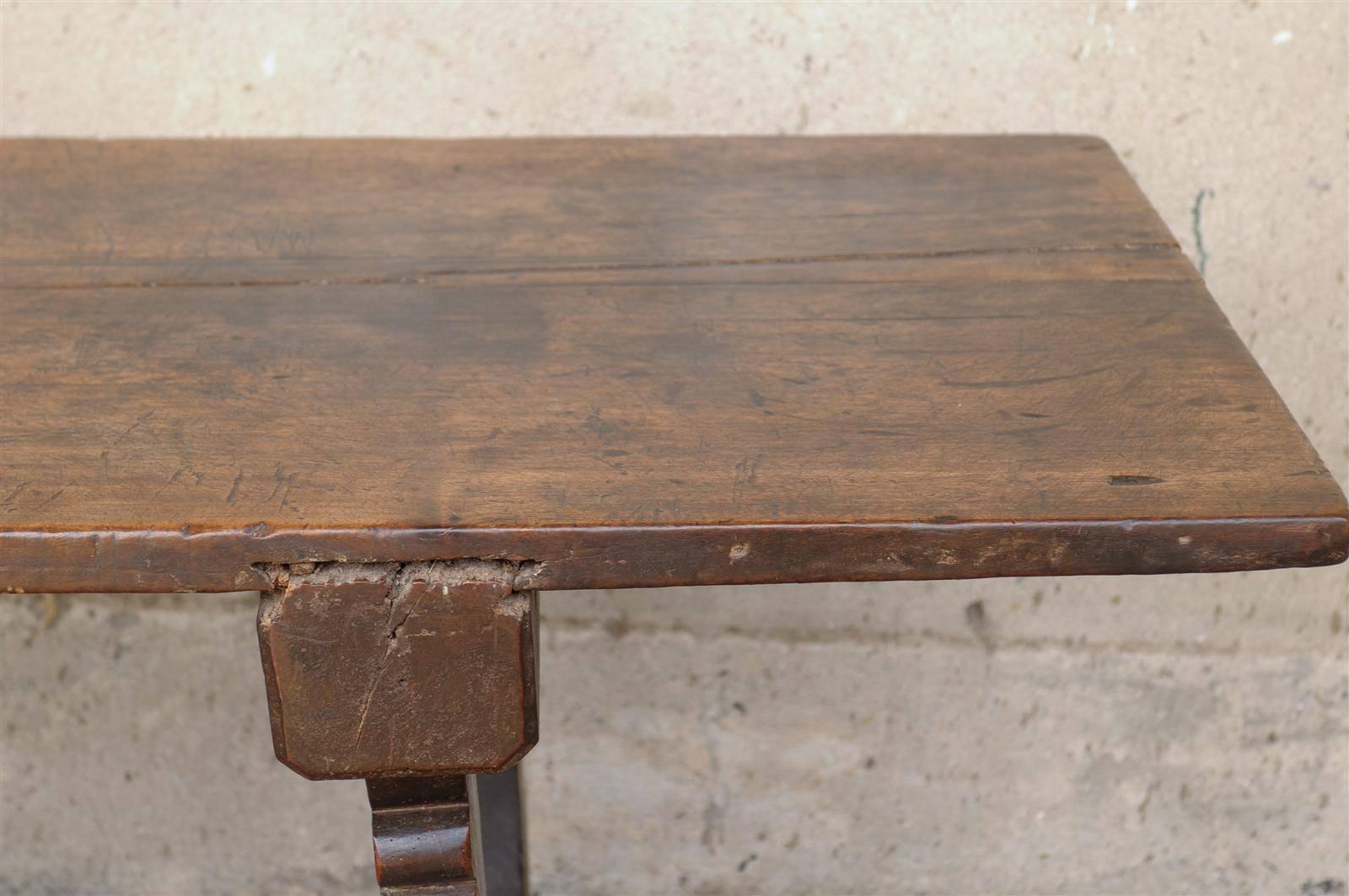 An 18th Century Italian Walnut Dining Table with Carved Trestle Legs & Cross Bar For Sale 2